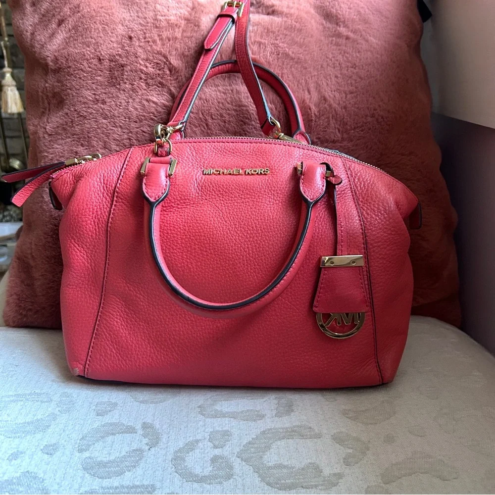 Michael Kors Pebbled Leather Coral Riley Satchel/Crossbody with Gold Hardware
